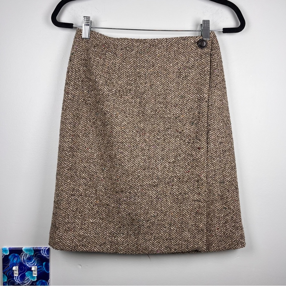 Vintage Y2K Express Brown Wool Herringbone Academia Wrap Preppy Skirt Small 3